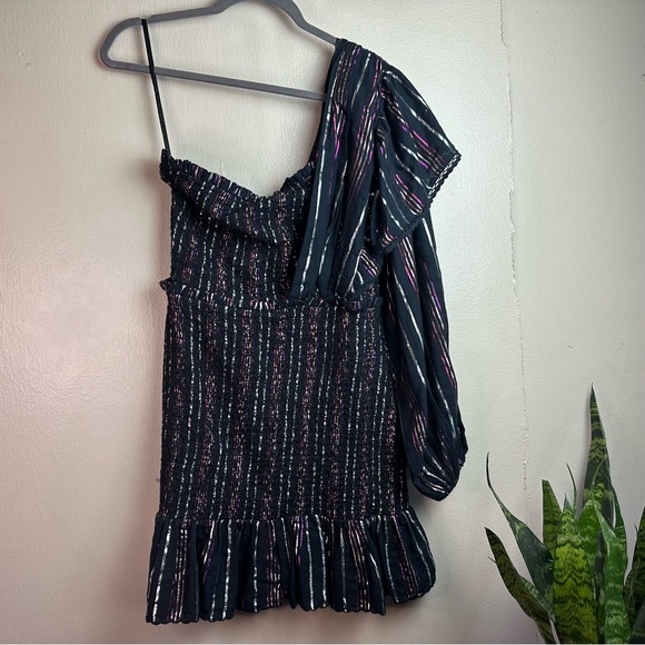 Farm Rio Lurex Stripes Mini Dress One Shoulder Statement Sleeve Sz Med - Picture 4 of 13
